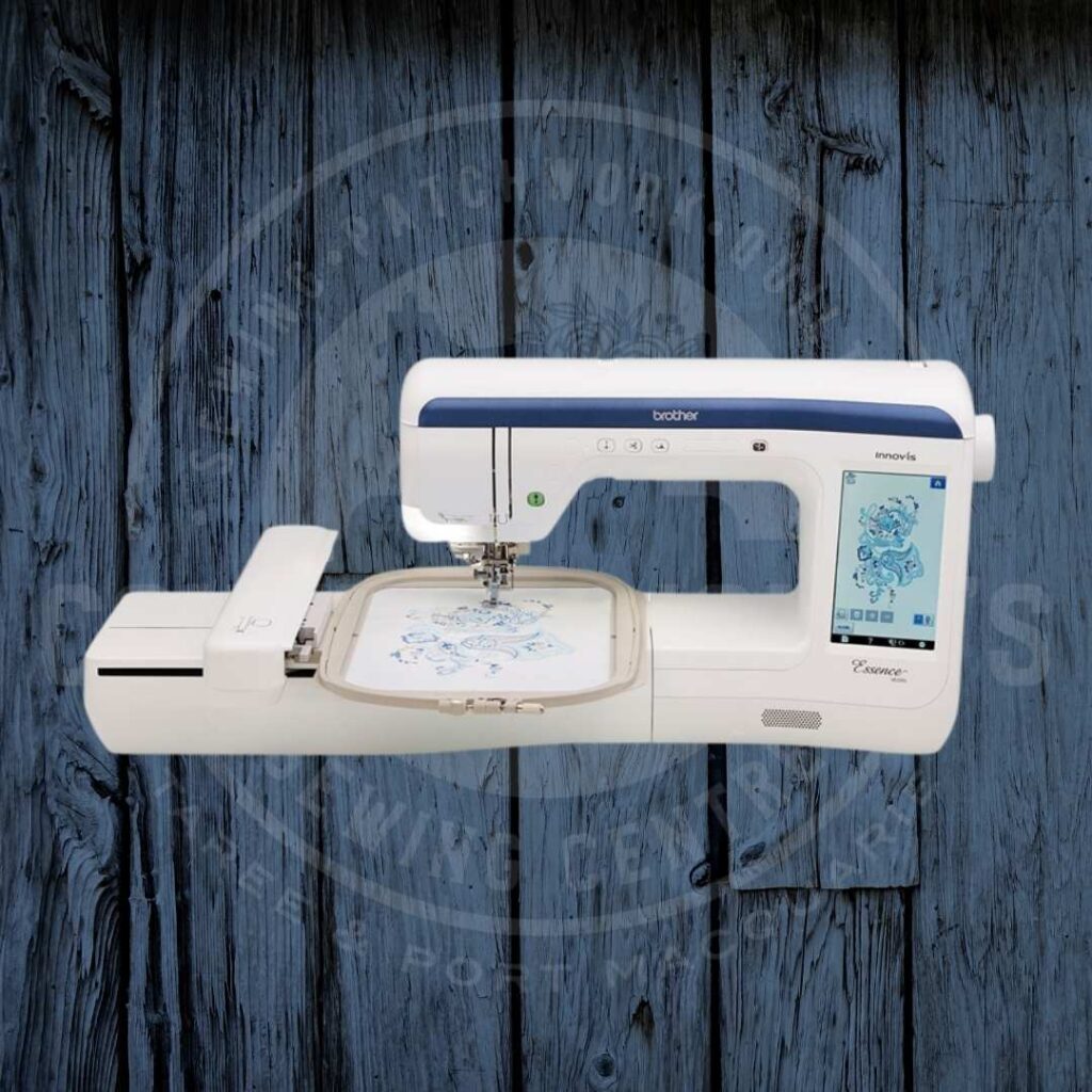white and blue embroidery machine with floral design on the screen and in the hoop