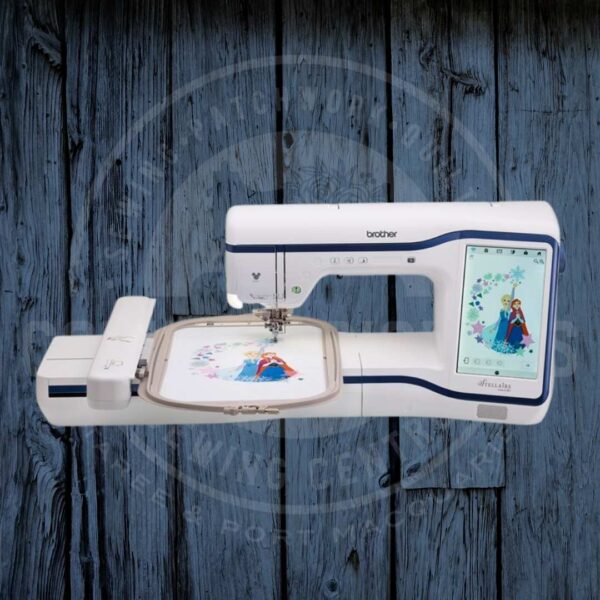 Embroidery machine with "Frozen" themed embroidery on the screen and in the hoop.